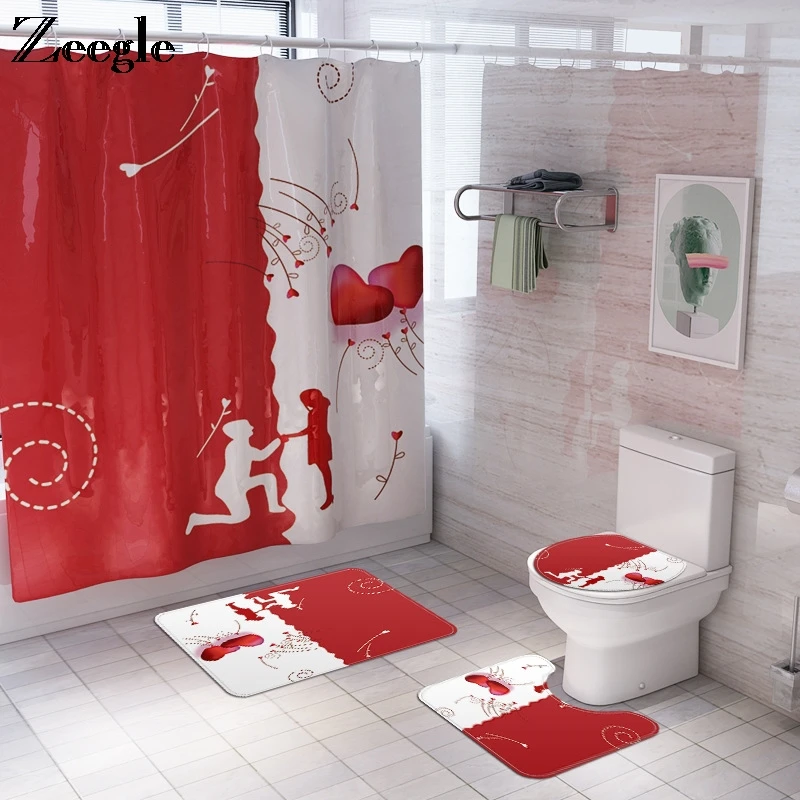Zeegle Waterproof Shower Curtain Anti Slip Bathroom Doormat Toilet Pedestal Rug Flannel Soft Toilet Seat Cover Mat Bath Mat Set