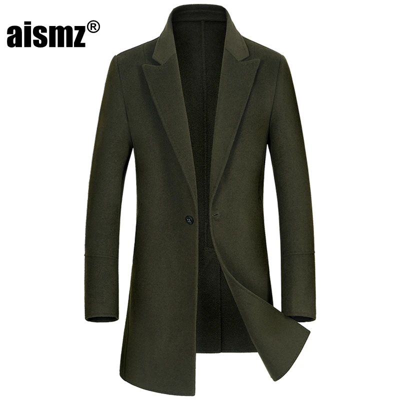 Aismz New Fashion Winter Double Sided Wool Cashmere Overcoat Men Jacket Coat Business Casual Single Button Long Woolen Outwear