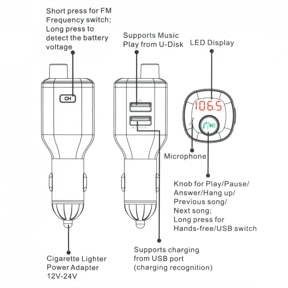 12V~ 24V Автомобильное ЖК-дисплей Bluetooth MP3 плеера комплект авто радио плеер Hands-free FM передатчик продлить с двумя портами USB