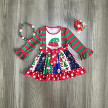 Рождественское платье для маленьких девочек; платье для девочек; платье в красно-зеленую полоску для девочек; Платье с принтом со шляпой; подходящие аксессуары