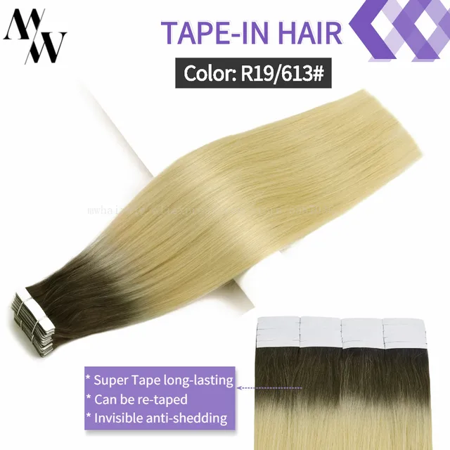 MW Double Drawn Remy Tape In Human Hair Extensions 100% Real Skin Weft Adhesive Glue On Seamless Natural Hair 16/20/24 Inches R19-613
