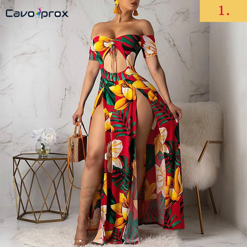 Женское платье макси с открытыми плечами цветочным принтом и высоким разрезом