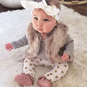 

3pcs Newborn Infant Baby Girls Clothes Long Sleeve Gray Bodysuit Tops+Heart Pants Leggings Headband Outfit Set