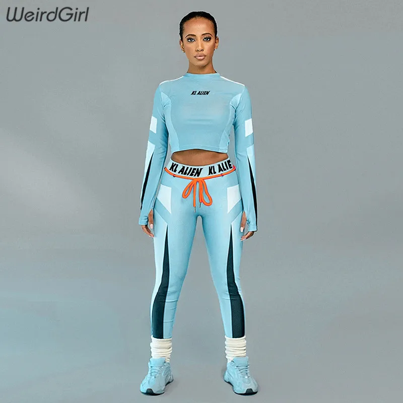 Weirdgirl, женские повседневные комплекты для фитнеса, с буквенным принтом, два предмета, спортивные костюмы, стрейчевая укороченная футболка, леггинсы с высокой талией, новая спортивная одежда - Цвет: Синий