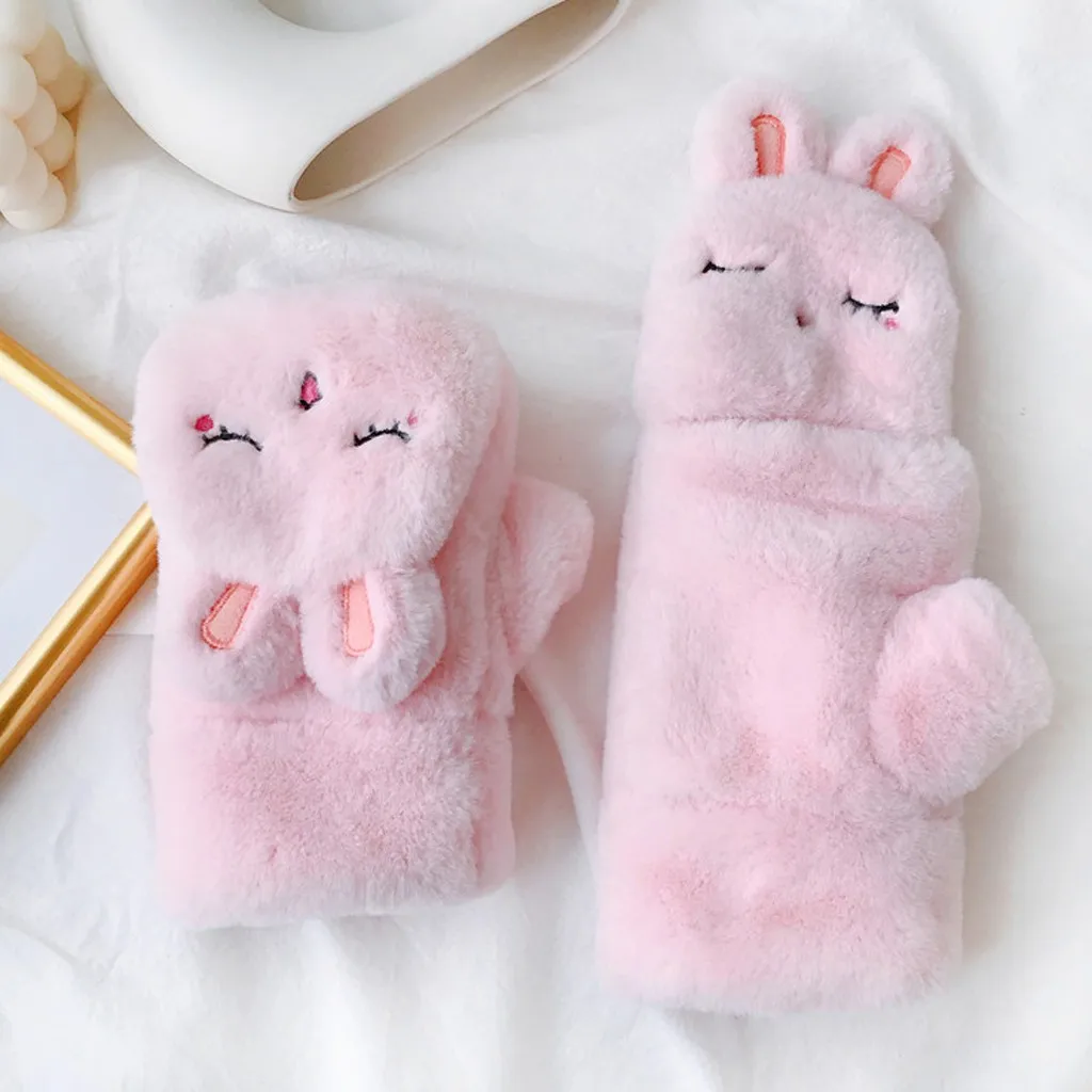 Модные зимние детские перчатки для мальчиков и девочек, милые теплые флисовые утепленные плюшевые перчатки с кроликом, перчатки для детей - Цвет: pink