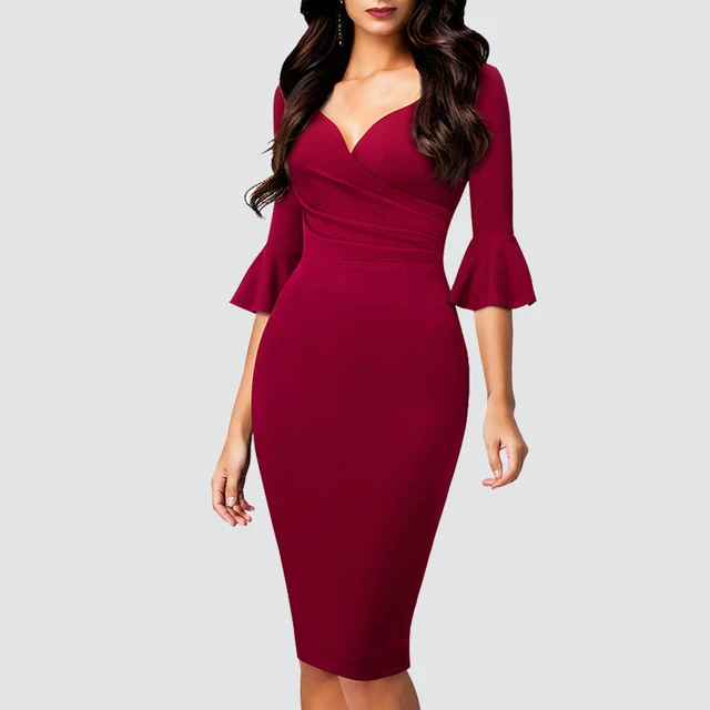 Women Elegant Charming Solid Color V Neck 3/4 Flare Sleeve Lady Slim Wrap Pencil  Dress HB682 - AliExpress