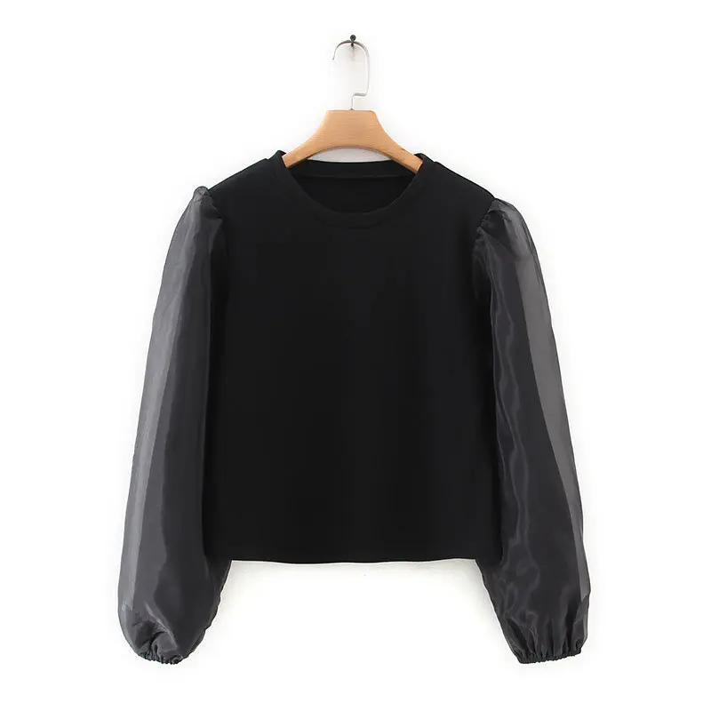 Новые женские модные прозрачные Лоскутные Повседневные черные свитера из органзы, женские осенние базовые толстовки с длинным рукавом, топы H101 - Цвет: as pic H101XZ