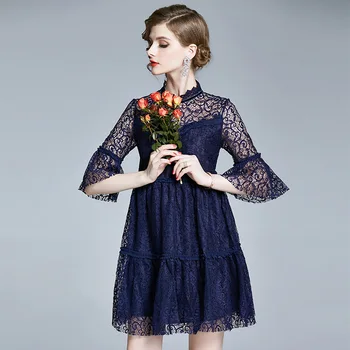 

Europe New 2020 Womens High Fashion O Neck Three Quarter Flare Sleeve Sexy Hollow Out Lace Dress Female Casual Loose Mini Dress