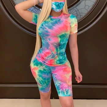 

3 Style Women Summer Print 3 Pieces Sets Tracksuits Short Sleeve T-shirt Shorts Masks Suit Night Fitness Sporty Outfit