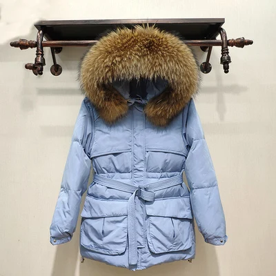 blue ( Natural hair) White Down Coat Winter Woman Fashion New Hooded Fur Collar Warm Thicken Cotton Clothing Casual Parkas Belt Overcoat f1401 - Цвет: blue ( Natural hair)