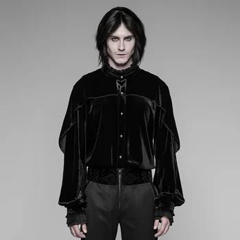 

PUNK RAVE Men's Gothic Golden Velvet Shirt Dark-Textured Mesh Loose Lace Lotus Cuff Formal Party Evening Dinner T Shirt