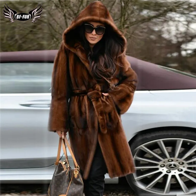 BFFUR Women High Quality Genuine Mink Fur Coat With Hood 100cm Long Real Mink Fur Coat Winter Fashion Fur Overcoats 2022 Trendy