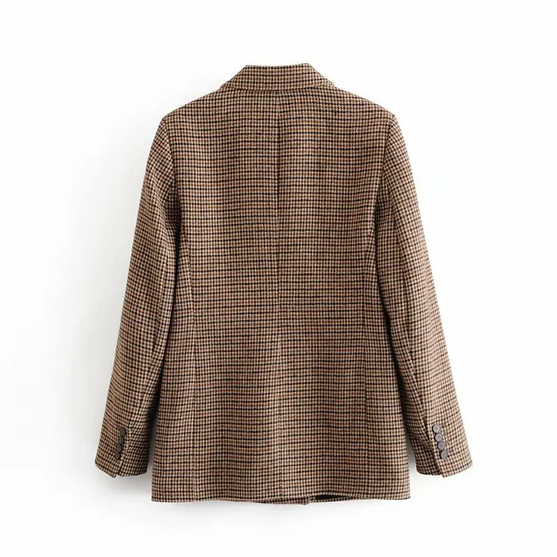 Beste Vintage Toevallige Plaid Blazer Vrouwen Mode Double Breasted Kantoor Dames Jas Jas Vrouwelijke Notched Kraag Lange Mouwen Suits