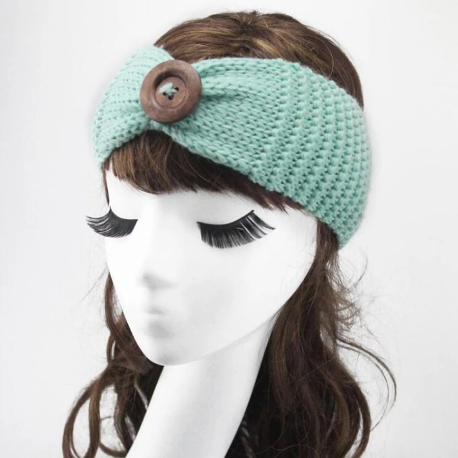 KHGDNOR Wool Knitted Hairband Winter Warm Fashion Button Cross Headband Solid Color Elastic Head Band for Women Girls