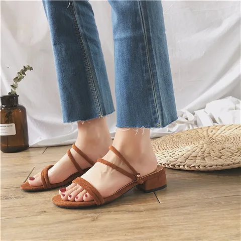 

South Korea Versatile Thin Drawstring Square Heel Sandals 2019 Summer New Style Open Toe Double Purpose Elegant Small Square Hea