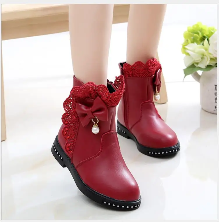 

Girls boots Ankle Lace Bow PU Leather Warm kid winter Plush boots For Girls Big Children Shoes Winter Solid Black Red Size 27-37