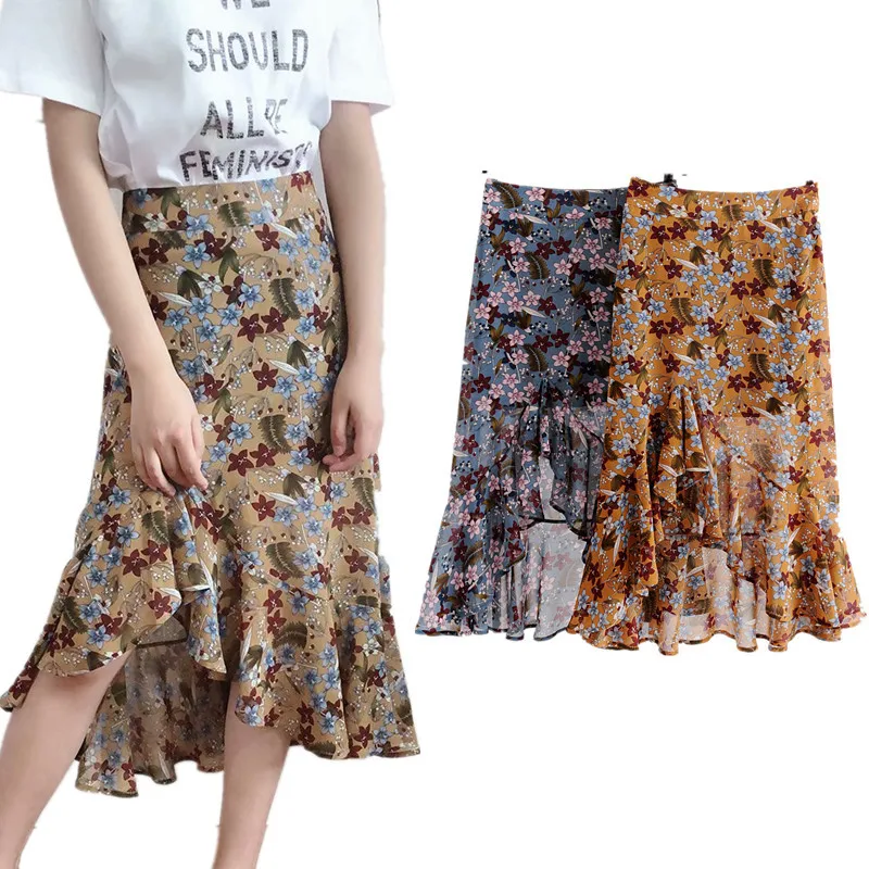 

Irregular Chiffon High-waisted Small Floral Flounced Fishtail Skirt Slim Fit Slimming Mid-length Half-length Skirt J8206