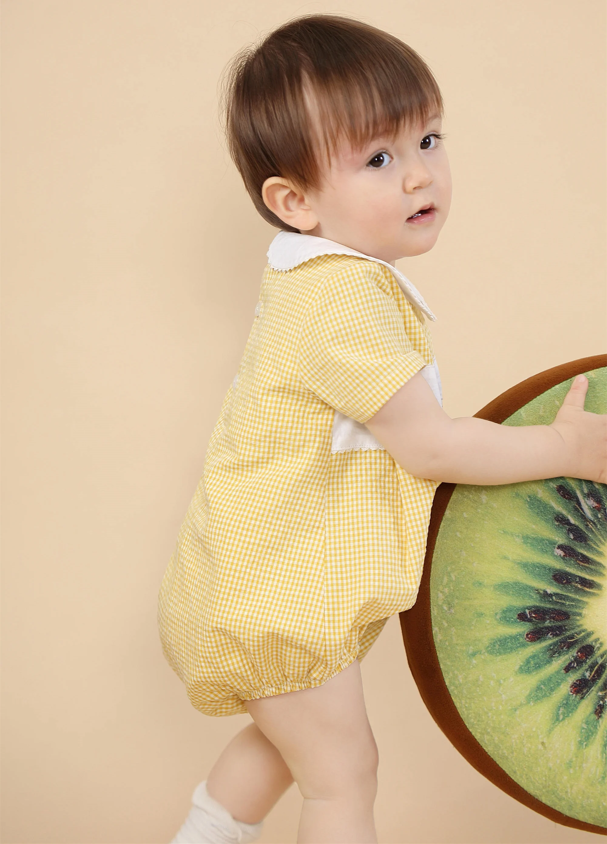 Spanish Baby Girl Plaid Romper Summer Newborn Embroidery Flower Cotton Jumpsuit Infant Baptism Yellow Rompers Toddler Clothes