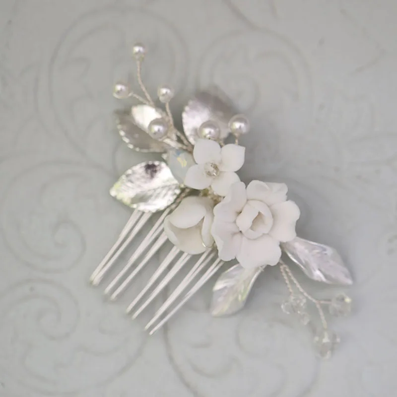Floralbride Handmade Ins Style Pearls Ceram Flower Bridal Hair Comb Wedding Headdress Hair Accessory Bridesmaids Women Jewelry