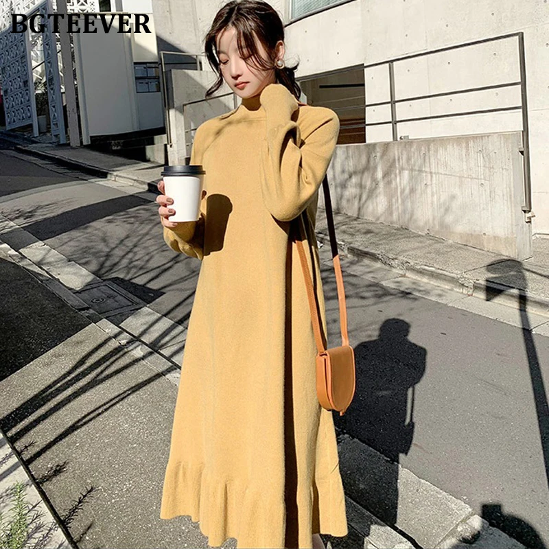 BGTEEVER Elegant Half-turtleneck Loose Women Sweater Dress Chic Autumn Winter Dress Ruffles Aline Female Jumpers Vestidos 2019 BGTEEVER Elegant Half-turtleneck Loose Women Sweater Dress Chic Autumn Winter Dress Ruffles Aline Female Jumpers Vestidos 2019