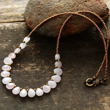 Unique Natural Stones Rose Quartzs Chokers Necklace Women Exquisite Teardrop Charm Beaded Simple Necklace OL Jewelry Gifts