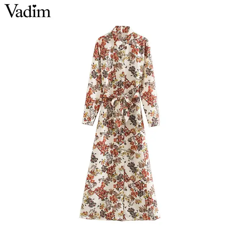 

Vadim women fashion floral pattern maxi dress long sleeve bow tie sashes female casual stylish chic dresses vestidos QD179