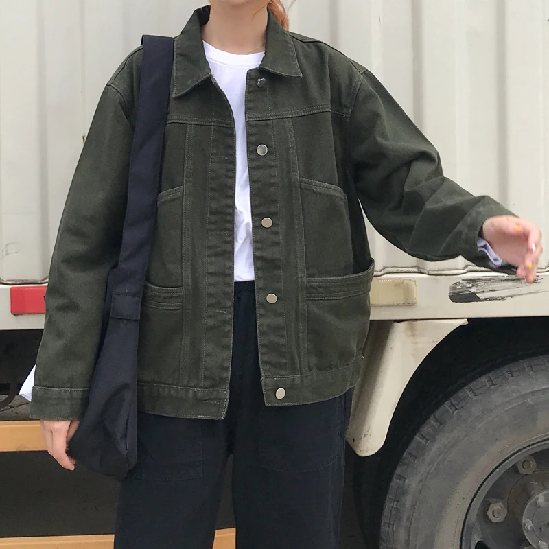 Korean ArmyGreen Denim Jackets Women Autumn winter Single Breasted black Jean Jacket ladies Denim Coat cazadora vaquera mujer