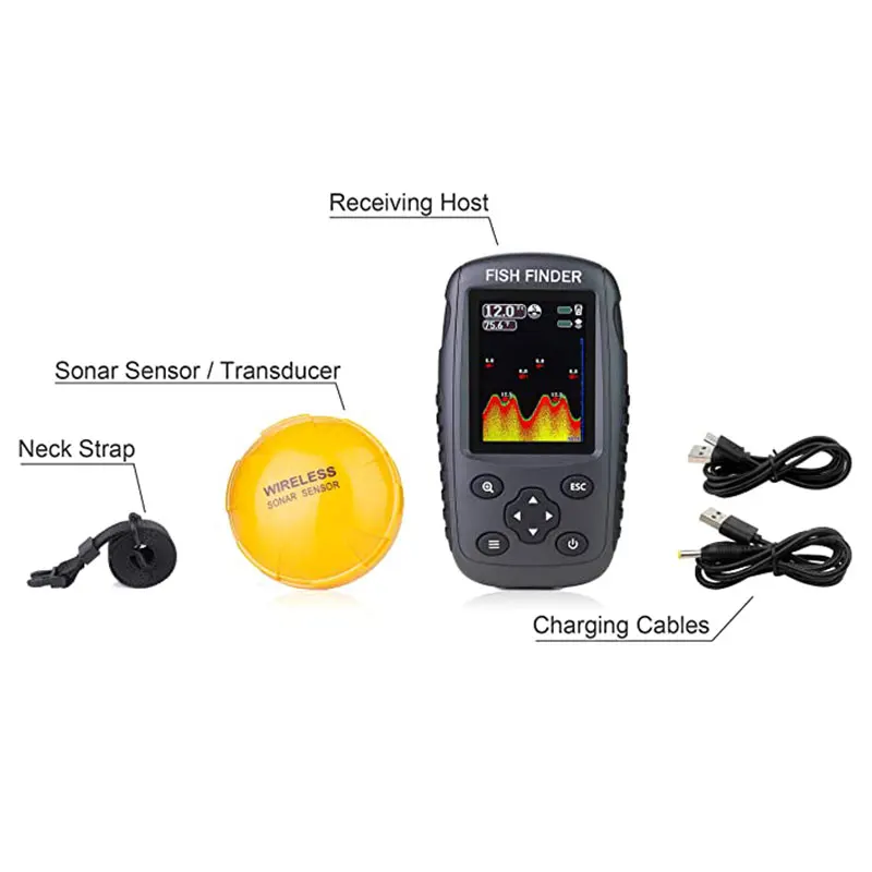 Portable Rechargeable Fish Finder Wireless Sonar Sensor Fishfinder Depth Locator With Fish Size Water Temperature Etc