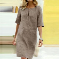 Women Vintage Buttons A-Line Dress Casual Half Sleeve Round Neck Ladies Party Dress Summer Elegant Female Solid Dress Vestidos