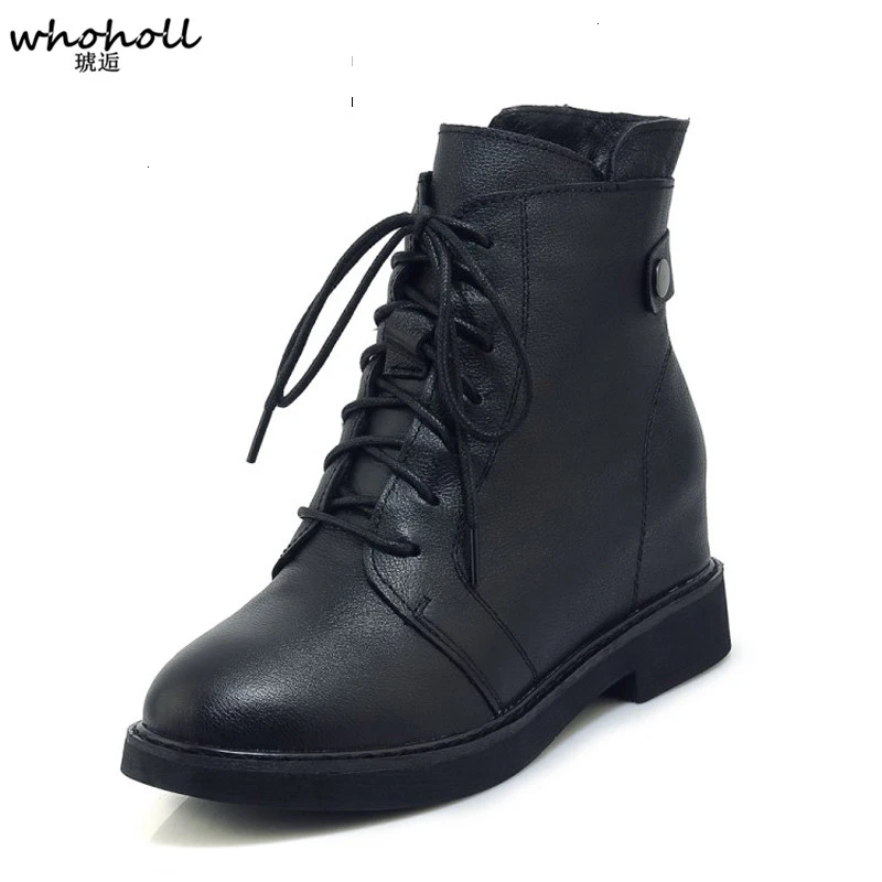 

2019 Winter Boots For Women Lace Up Zip Platform Gothic Shoes Genuine Leather Women height Increasing Round Toe Black J866