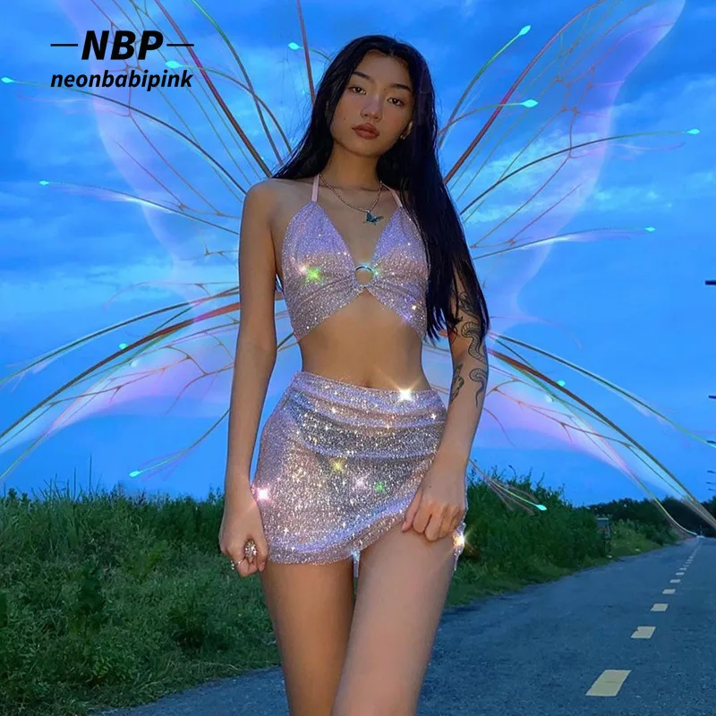 Neonbabipink grunge fada duas peças conjunto saia goth rosa glitter sexy clube outfits verão y2k conjuntos de correspondência N82-BB10
