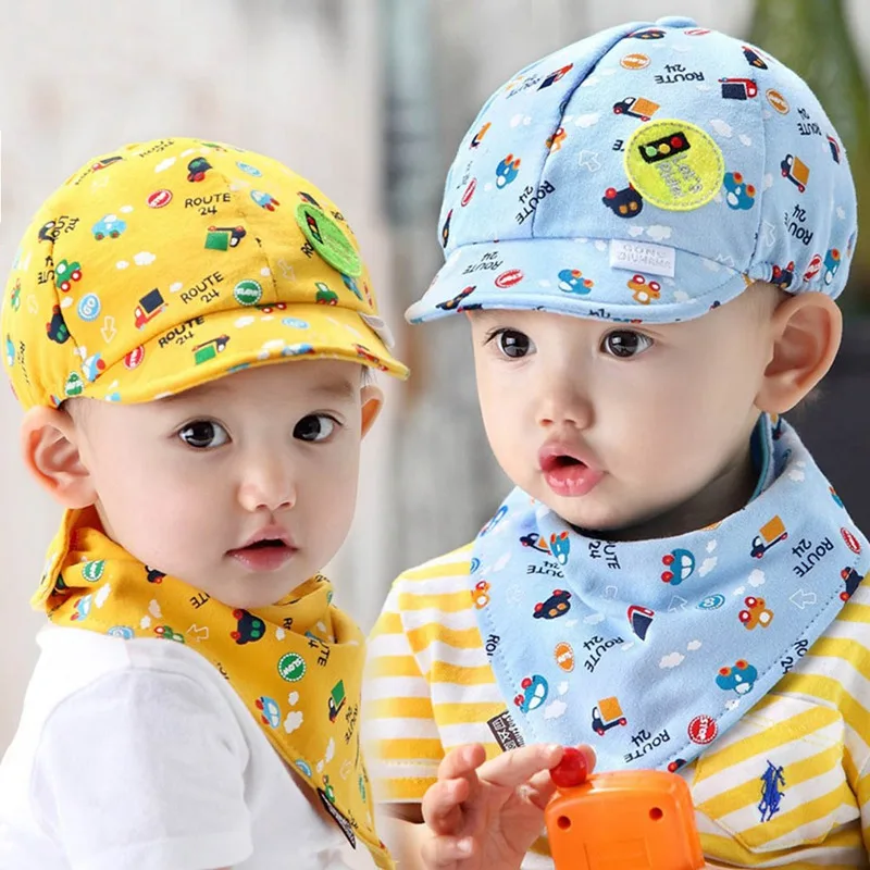 

2pcs/Set Baby Kid Boy Girl Bibs Hat Set Snapback Cartoon Printing Toddler Infant Hat Little Car Baseball Beret Cap Kits