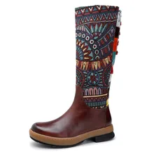  Vintage Mid-calf Boots Women Shoes Bohemian Retro Genuine Leather Motorcycle Boots Printed Side Zipper Back Lace Up Botas 