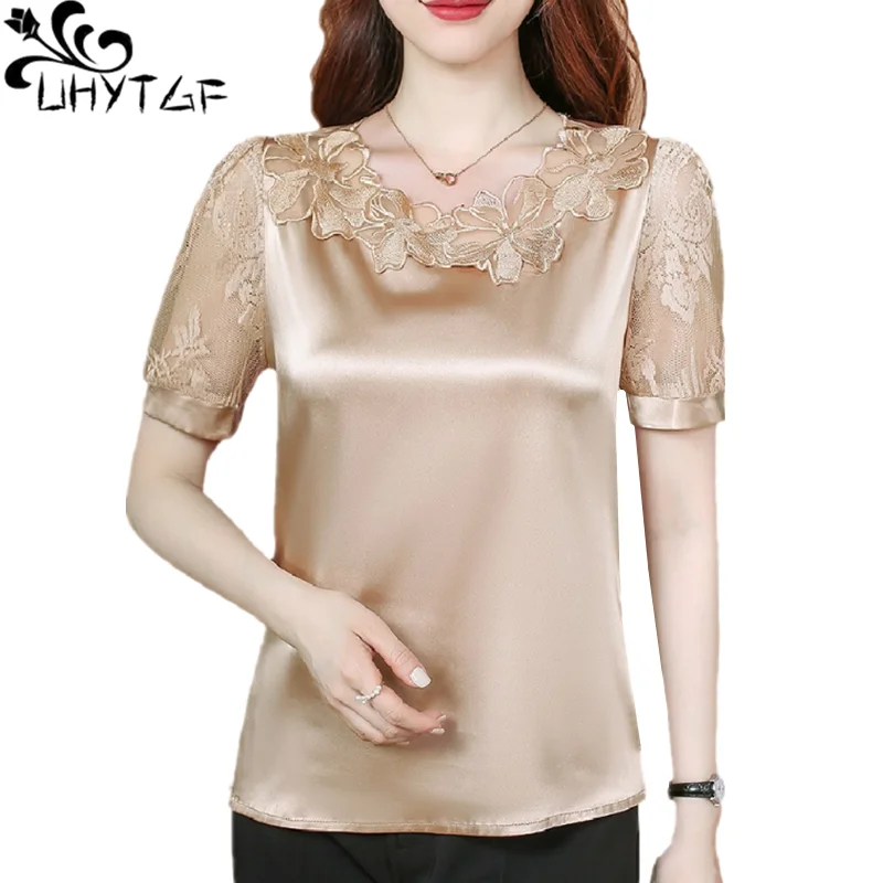 

Модная блузка UHYTGF, Женская качественная атласная шелковая вышитая кружевная простроченная летняя рубашка, женская элегантная одежда, свободные топы размера
