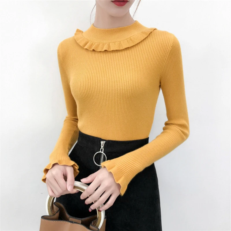 Корейский свитер женский пуловер с оборками осенний свитер женский Sueters De Mujer Moda зимний длинный рукав Pull Femme одежда