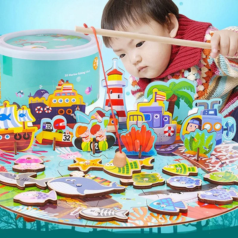 Деревянная головоломка для детей игрушка 3в1 DIY 3D мультфильм магнитная рыбалка детская настольная игра-головоломка детские развивающие игры монтессори игрушка