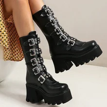 

Women Mid-Calf Boots Classic Black Ladies Shoes Heighten Female Shoes Plus Size Women Boots Platform Boots Women Fashion Buckle