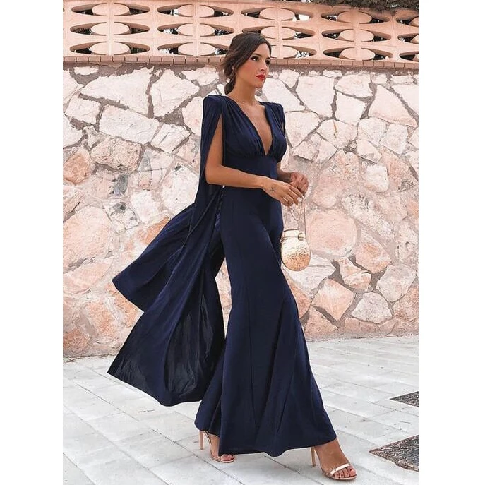 Sexy V neck jumpsuit wide leg split sleeve women long sleeve elegant slim elegant long pants rompers women jumpsuits new - Цвет: Blue