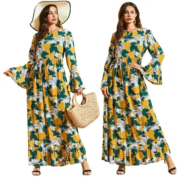 

Muslim Women Printed Boho Maxi Dress Flare Sleeve Loose Ramadan Islamic Casual Robe Dubai Abaya Arab Jilbab Gown Draped Design