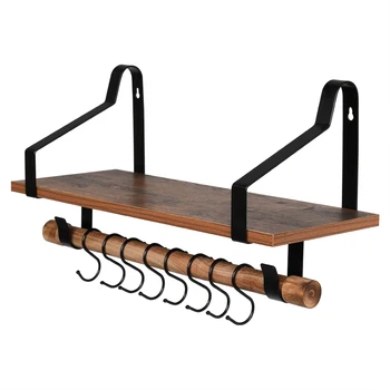 

Floating Wall Shelf Rustic Wood Kitchen Spice Rack Vintage with Towel Bar & 8 Removable Hooks for Organize Cooking Utensils Mugs