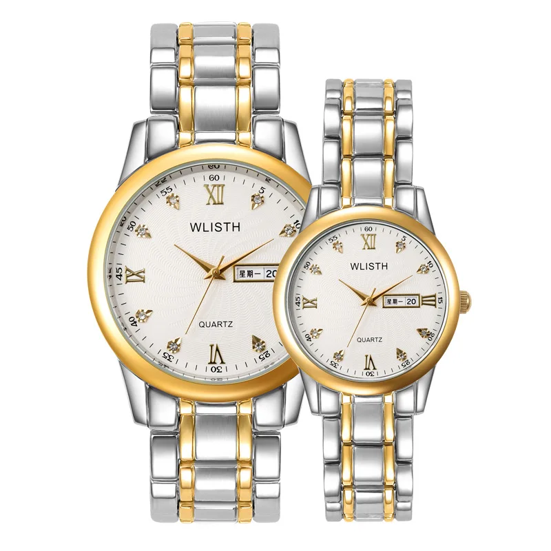 

Couple Watch One-to-Business Casual Double Calendar MEN'S Quartz Watch Simple Diamond Set Steel Belt WOMEN'S Watch