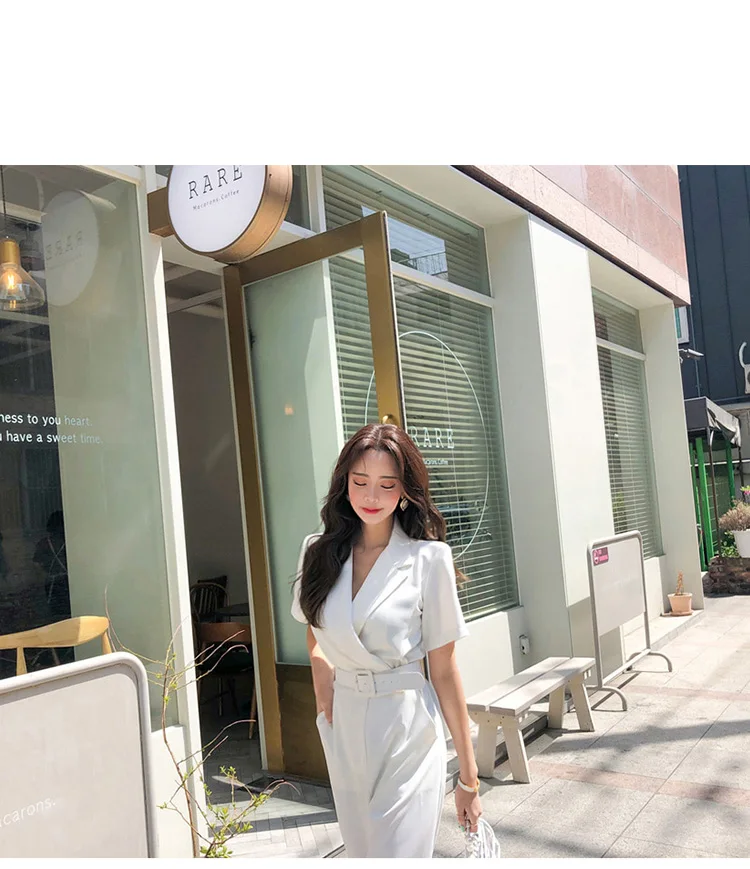 Office Ladies Notched Collar Short Sleeve Sashes Women Jumpsuit Work Business Wide Leg Pant White Jumpsuits Female AQ186