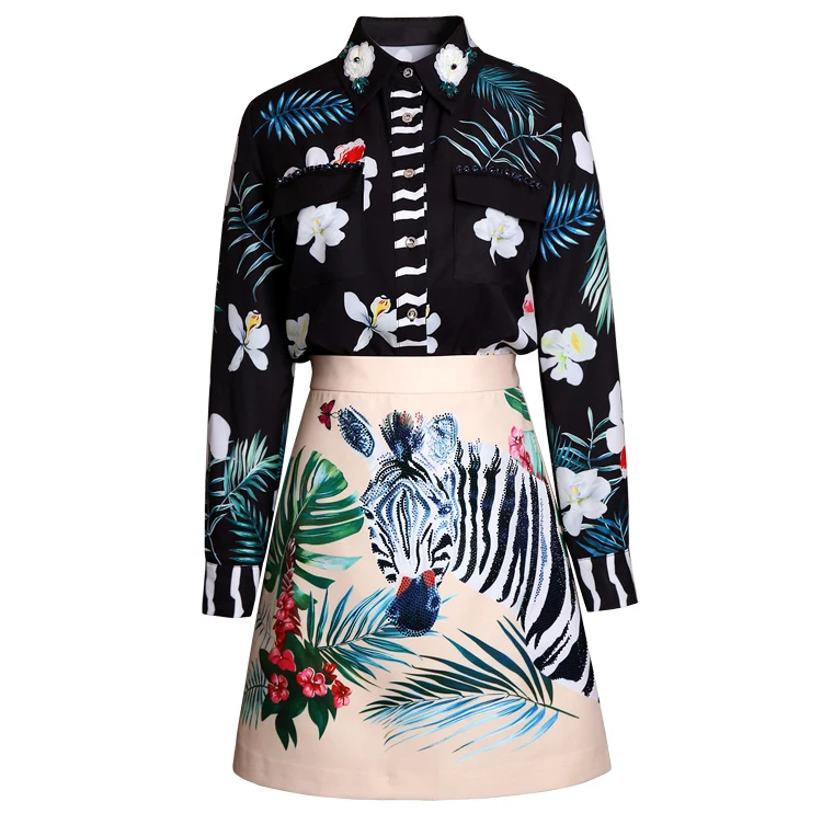LD LINDA делла летний модный Дизайнерский Костюм с юбкой женский винтажный цветочный принт с животными Блузка и мини юбка комплект из двух предметов