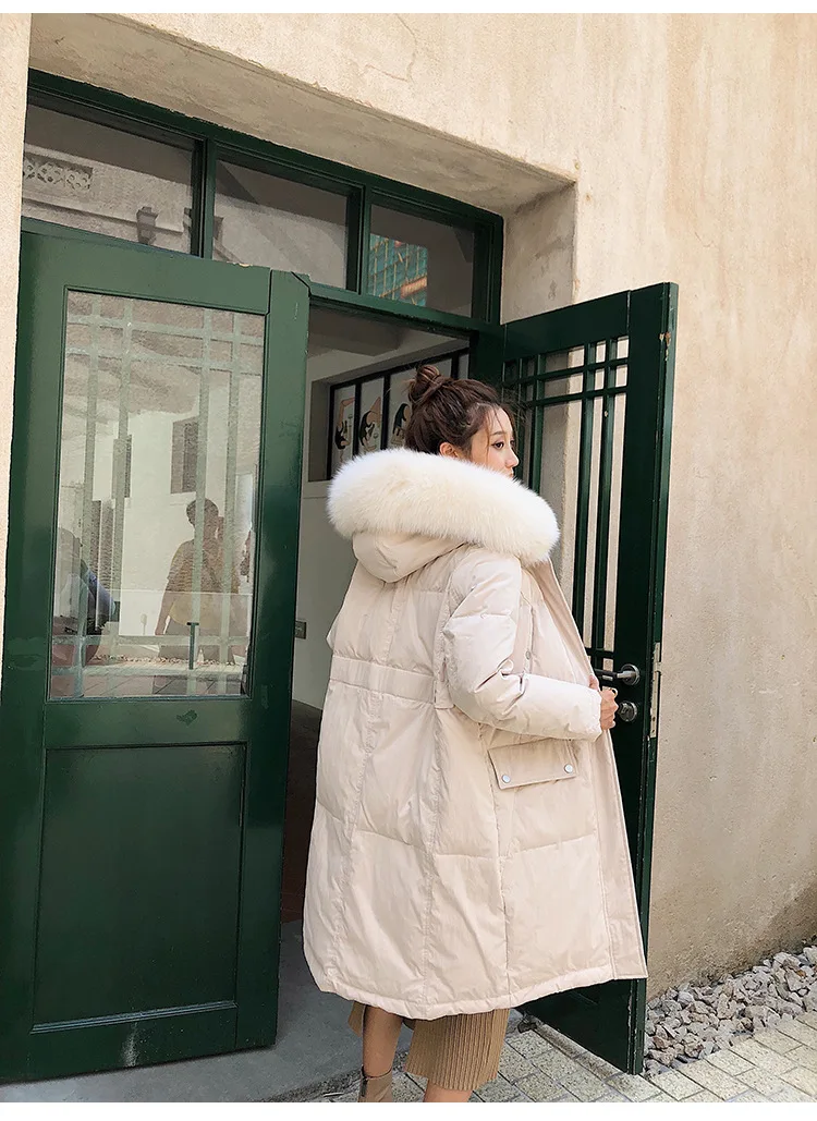 Зима в Корейском стиле куртка-пуховик с капюшоном белого цвета с наполнителем из утиного пуха Для женщин средней длины записная книжка С ПЕРЕПЛЕТОМ с подходит Лисий мех воротник из натурального меха, пальто