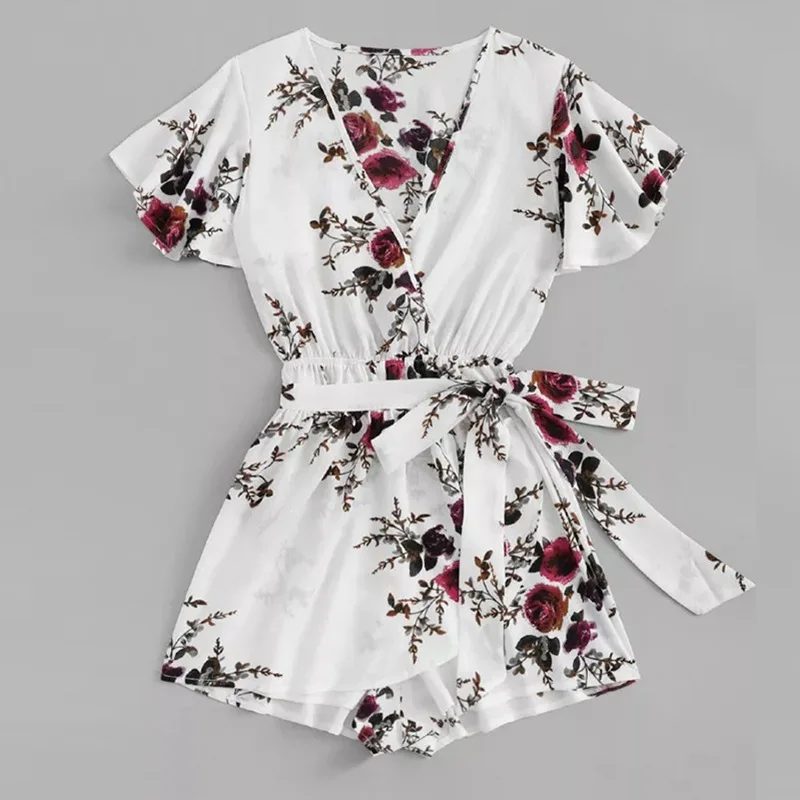 New Knot Floral Print Wrap Romper Women's Clothing Vacation V Neck Summer Short Sleeve Mid Waist Beachside Beach Playsuit - Цвет: W