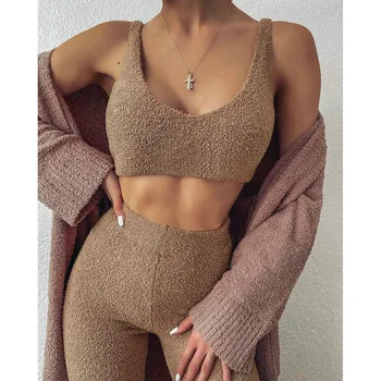 

Women Home Wear Suit Fall Winter Ladies Sexy V-neck Sling Cropped Plush V-Neck Sleeveless Skinny Vest Long Pants