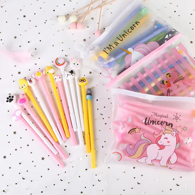 VOGVIGO 20pcs/lot Kawaii Girl Lovely Gel Pen Cartoon Neutral Pens Kit For Kids Gifts School Writing Supplies Stationery Bag Set