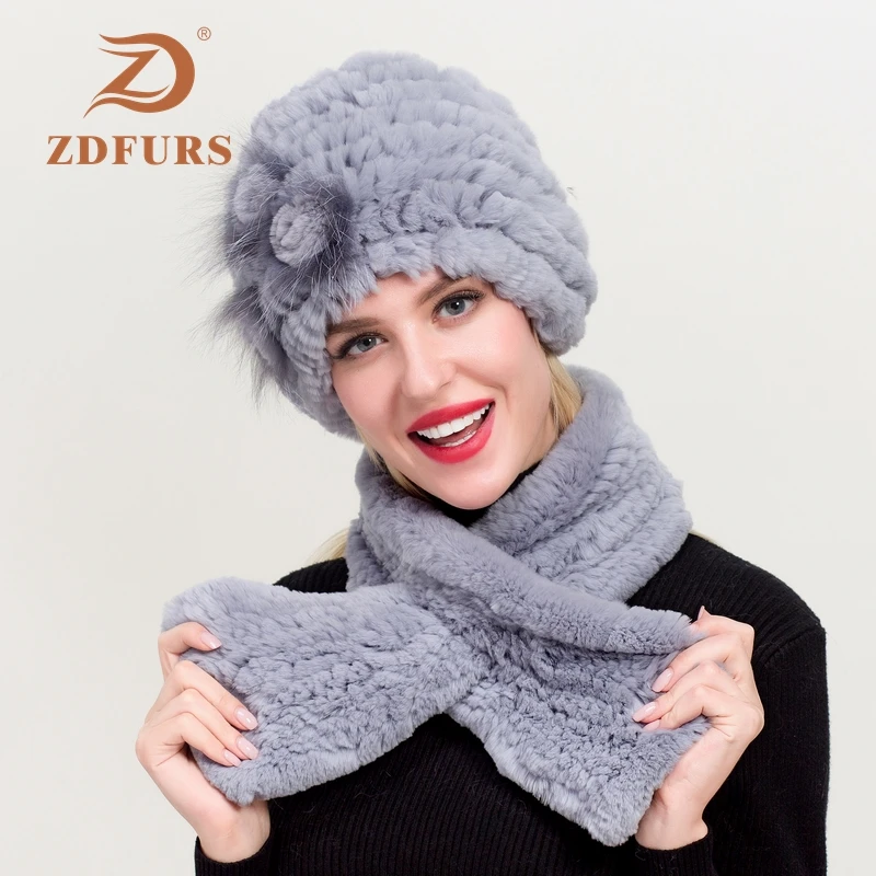 ZDFURS* Настоящий мех кролика три цветка шляпа с шарфом один комплект женские теплые шапочки шарф женские шапки шарф один комплект