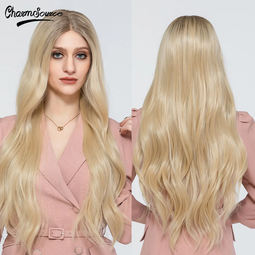 

CharmSource Long Wavy Lace Part Synthetic Wigs Ombre Blonde Wig for White Black Women Daily Hair High Density Heat Resistant