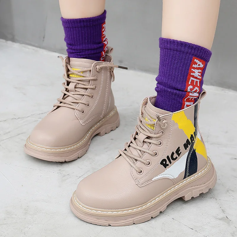 

CHILDREN'S Martin Boots 2019 Autumn & Winter British-Style Short Boots Princess plus Velvet Boots Big Virgin Girls Leather Boot
